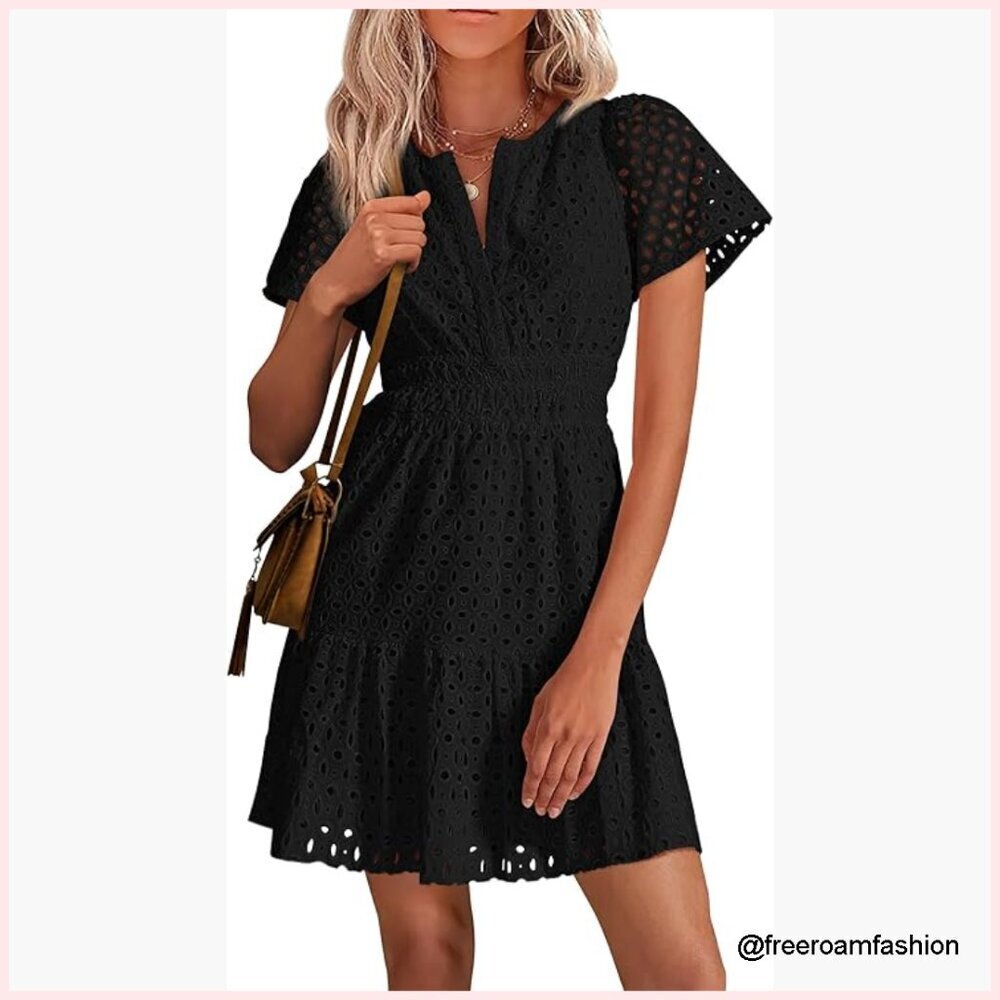 Summer V-Neck Lace A-Line Dress Short Sleeve Casual Beach Party